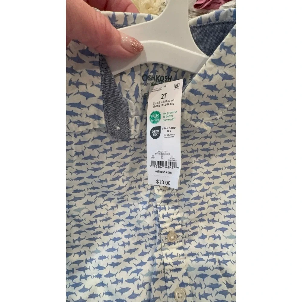 NEW toddler boys size 2T Osh Kosh B'Gosh white with blue sharks collared button